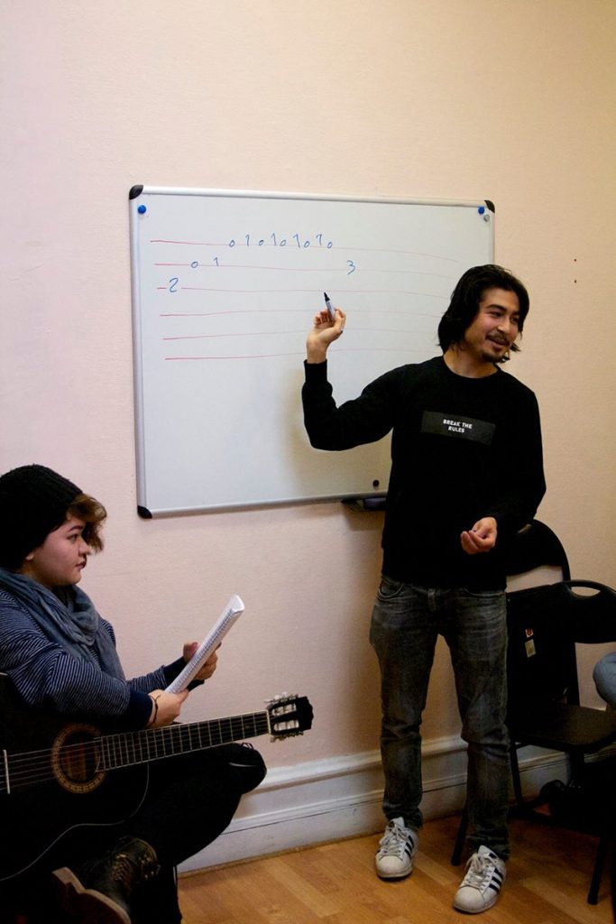 Reza Rezaie (till höger) går igenom noter under gitarrlektioner. Elnaz Ahmadi (till vänster) brukar komma varje fredag. ”Jag spelar varje sekund” säger hon. 