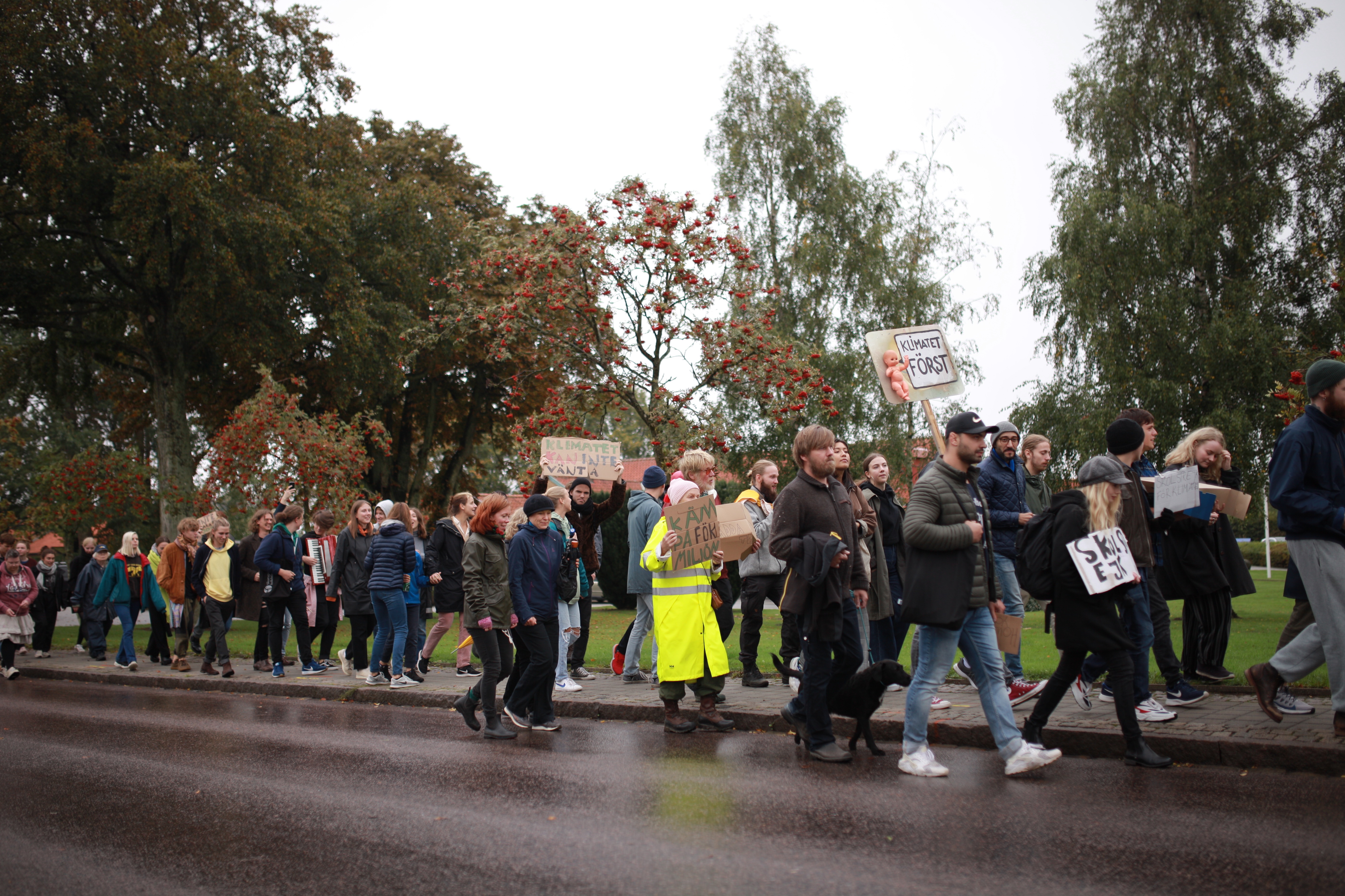 Deltagare vid Skurups folkhögskola och Skurupsbor marscherar mot kommunhuset.
